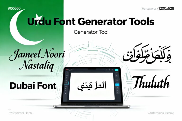 Urdu Font Generator Tools featuring Jameel Noori Nastaliq, Dubai Font, Thuluth, and Arabic calligraphy fonts on a laptop screen.