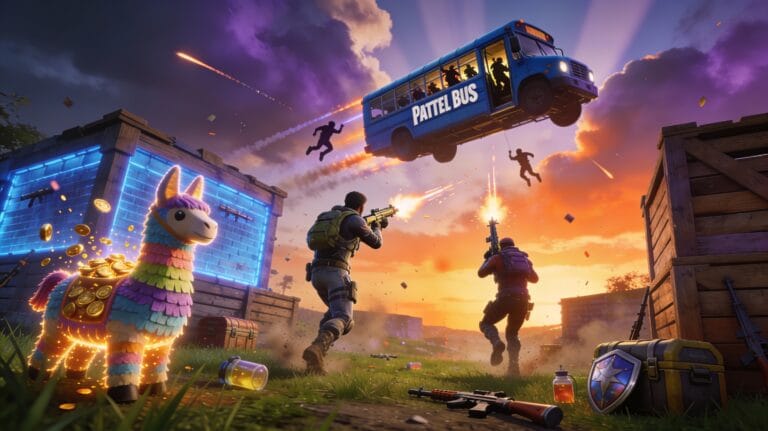 Fortnite style battle scene with flying bus, loot llama and soldiers at sunset