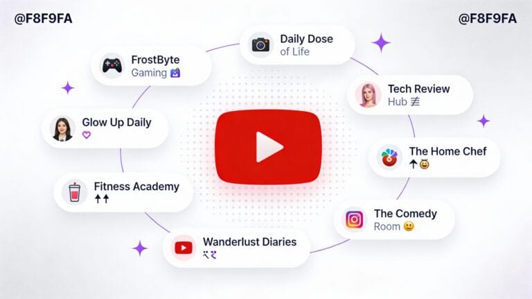 YouTube channel name ideas: FrostByte Gaming, Glow Up Daily, The Home Chef, Wanderlust Diaries