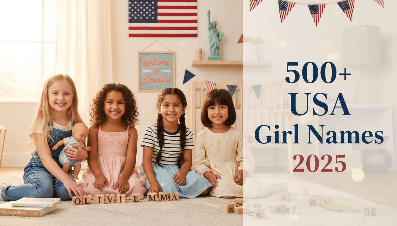 Diverse young American girls playing with name blocks spelling Olivia, Emma, and Mia in modern nursery with American flag and patriotic décor, representing USA girl names 2025 article cover