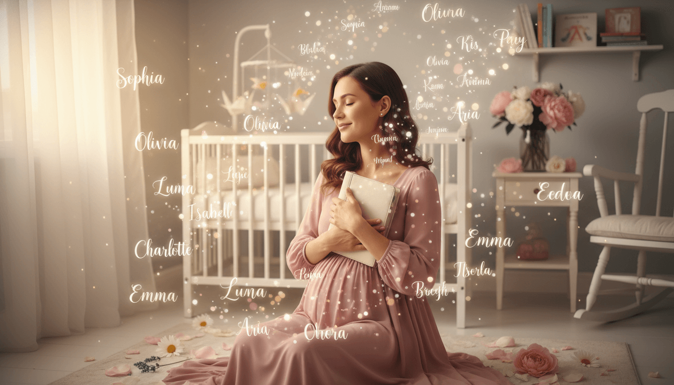 Expecting mother holding baby name book in pastel nursery surrounded by floating elegant handwritten baby girl names including Sophia, Luna, Aurora, Charlotte, Emma, and Olivia in glowing pink and gold calligraphy with soft lighting and fresh flowers
