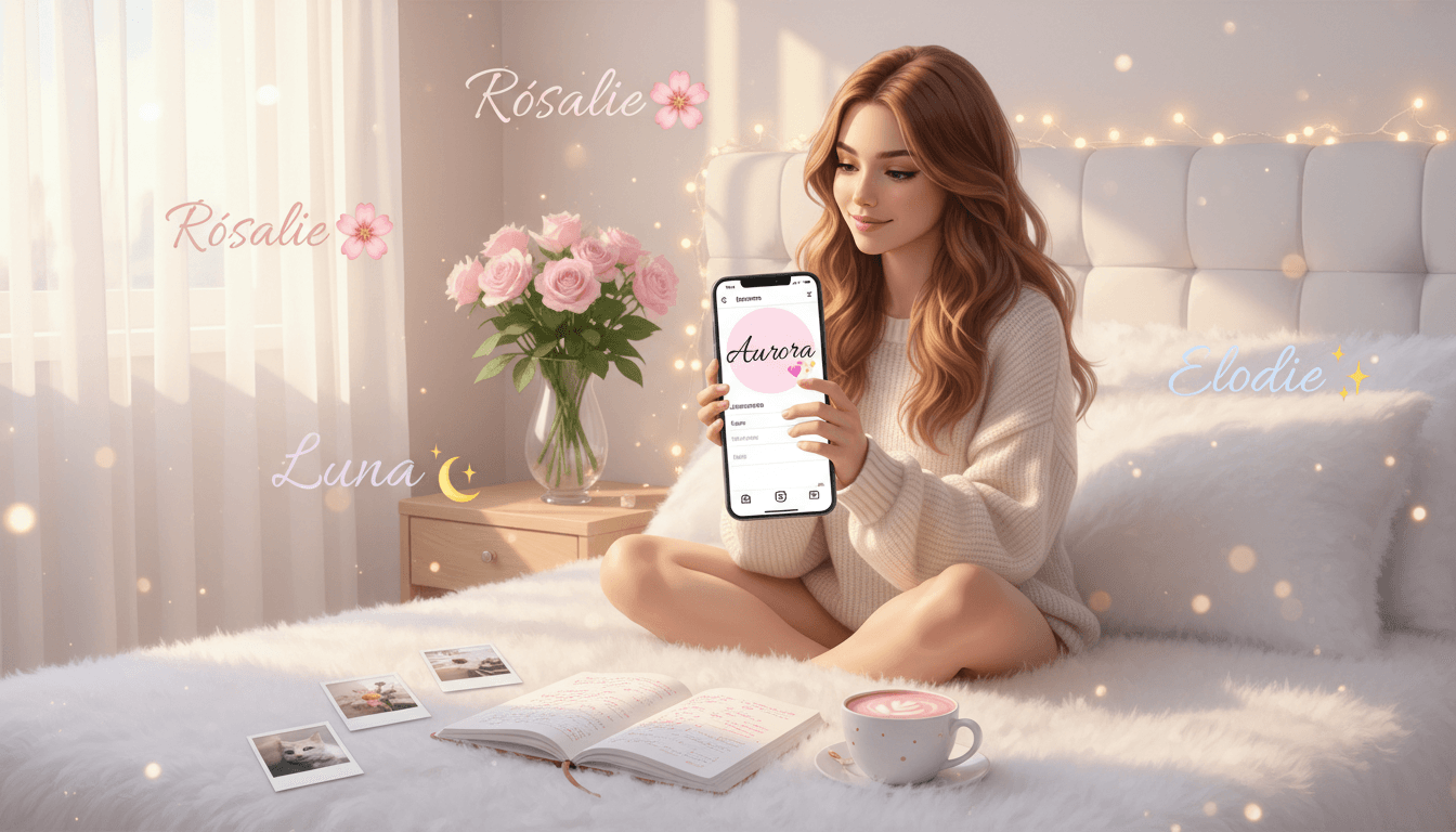Young woman creating lovely girl stylish name on phone with romantic fonts and heart symbols in soft girl aesthetic bedroom with pastel pink decor