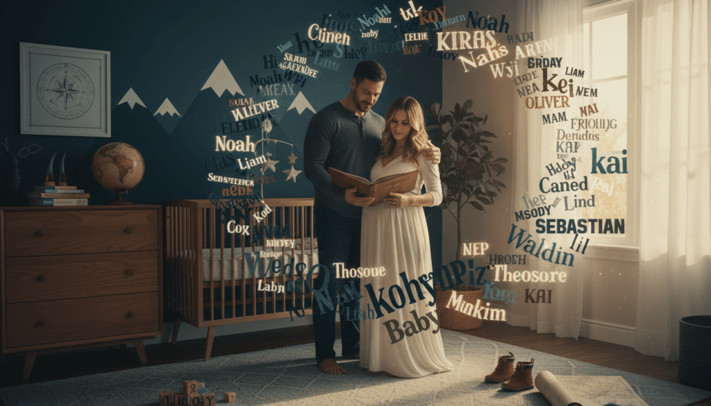 Expecting father and pregnant mother holding baby name book together in navy blue nursery surrounded by floating bold handwritten baby boy names including Noah, Liam, Alexander, Atlas, Oliver, and Kai in glowing navy and bronze typography with warm golden hour lighting and mountain mural background
