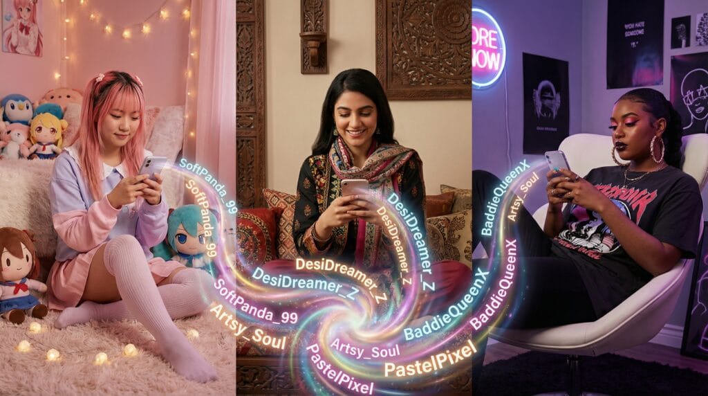 Teenage girl sitting on bed holding rose gold iPhone creating username with hundreds of floating aesthetic username ideas including moonlit.whispers, savage.queen, velvet.noir, and peachy.clouds in glowing pink purple and lavender holographic text surrounding her in cozy pastel bedroom with fairy lights during golden hour