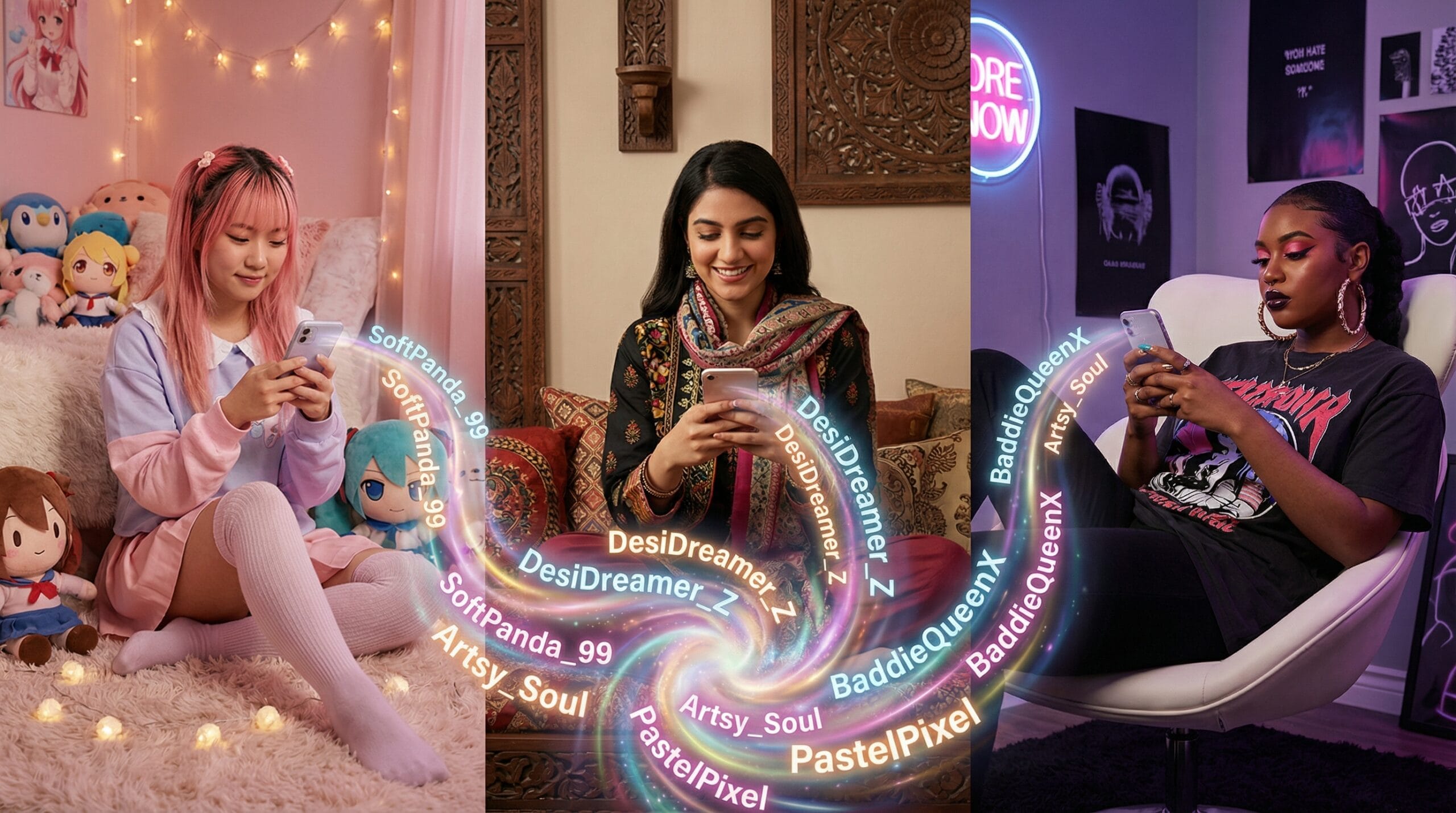 Teenage girl sitting on bed holding rose gold iPhone creating username with hundreds of floating aesthetic username ideas including moonlit.whispers, savage.queen, velvet.noir, and peachy.clouds in glowing pink purple and lavender holographic text surrounding her in cozy pastel bedroom with fairy lights during golden hour