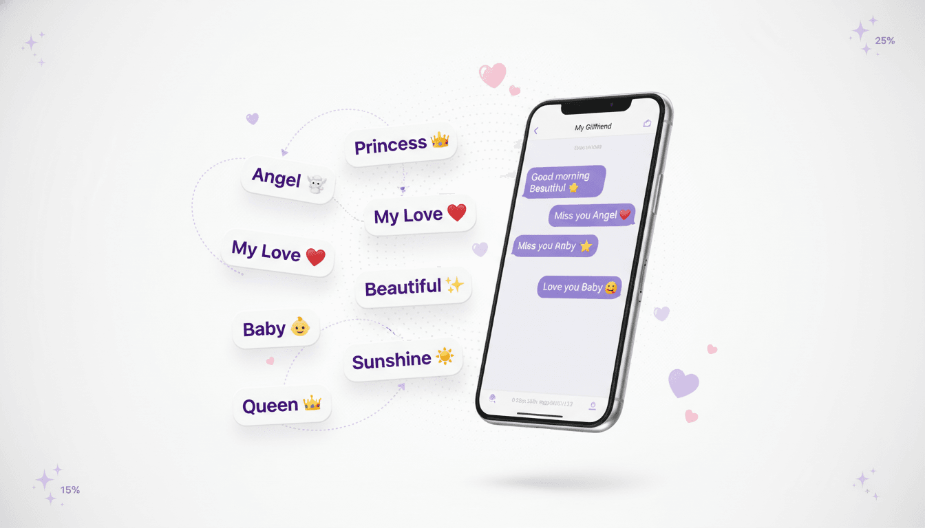 Modern smartphone displaying romantic girlfriend nickname text messages on white background with floating purple cards showing popular pet names like Angel, Princess, My Love, Beautiful, Baby, and Sunshine