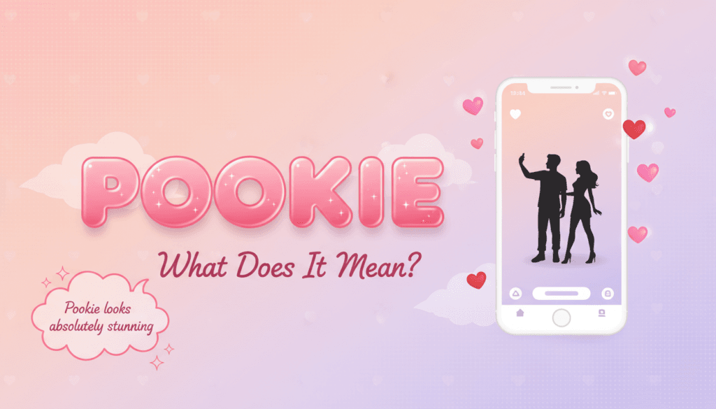 What does Pookie mean - TikTok viral term of endearment cover image with pink 3D letters, heart emojis, phone mockup showing couple video, and Campbell Jett Puckett quote on pastel gradient background