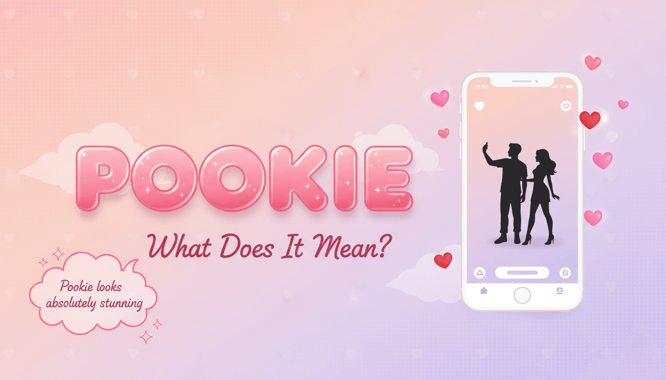 What does Pookie mean - TikTok viral term of endearment cover image with pink 3D letters, heart emojis, phone mockup showing couple video, and Campbell Jett Puckett quote on pastel gradient background