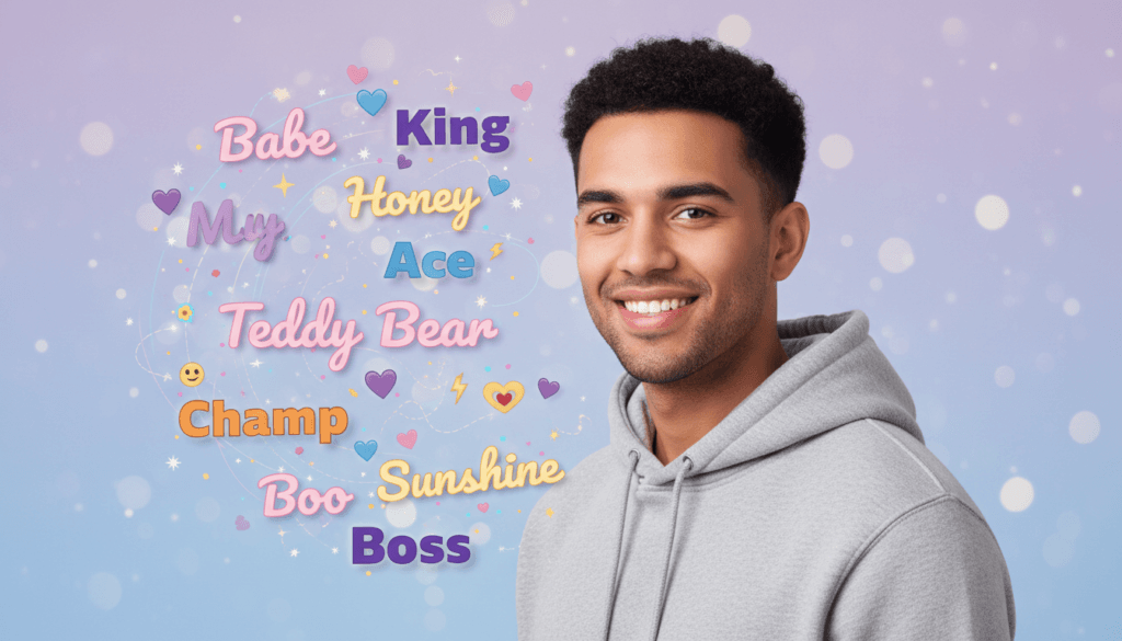 Cute nicknames for boys featuring romantic sweet and cool names floating around smiling guy with hearts and text bubbles 2026