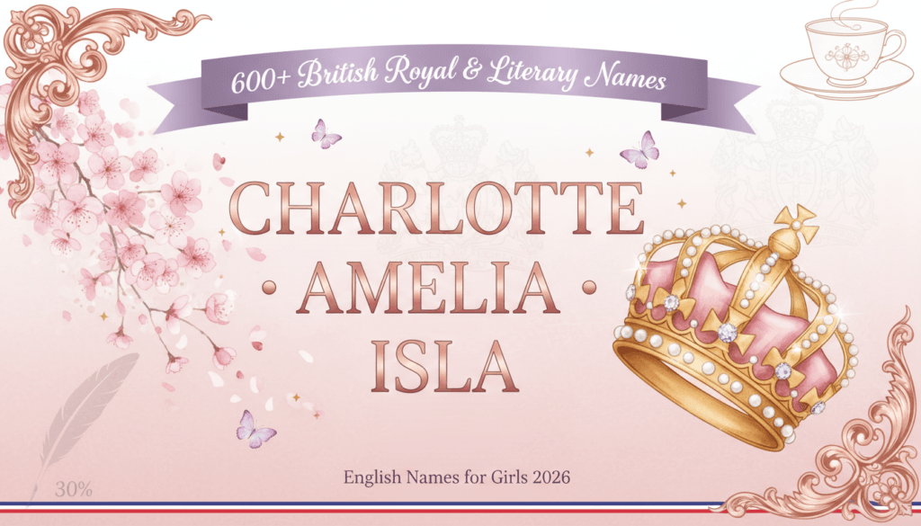 English names for girls featuring Charlotte, Amelia, and Isla with elegant British royal crown, cherry blossoms, and butterflies on soft pink background - 600+ British royal and literary girl names guide 2026