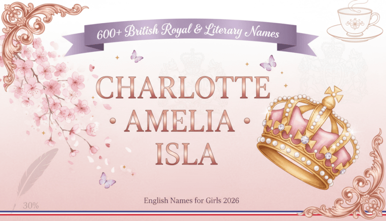 English names for girls featuring Charlotte, Amelia, and Isla with elegant British royal crown, cherry blossoms, and butterflies on soft pink background - 600+ British royal and literary girl names guide 2026