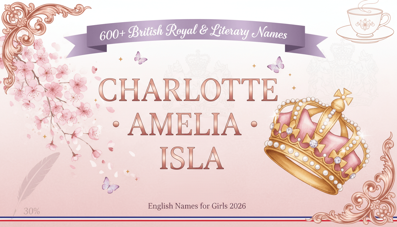 English names for girls featuring Charlotte, Amelia, and Isla with elegant British royal crown, cherry blossoms, and butterflies on soft pink background - 600+ British royal and literary girl names guide 2026