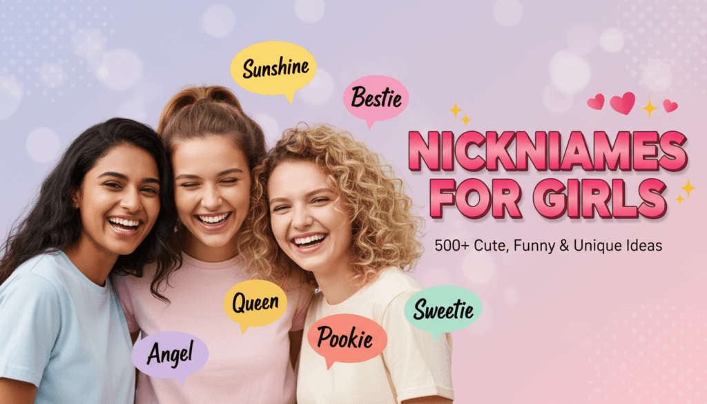 Nicknames for Girls cover image showing three diverse young women laughing together in friendship with colorful speech bubbles displaying nickname examples (Sunshine, Bestie, Angel, Queen) on soft pink and lavender gradient background with hearts and sparkles