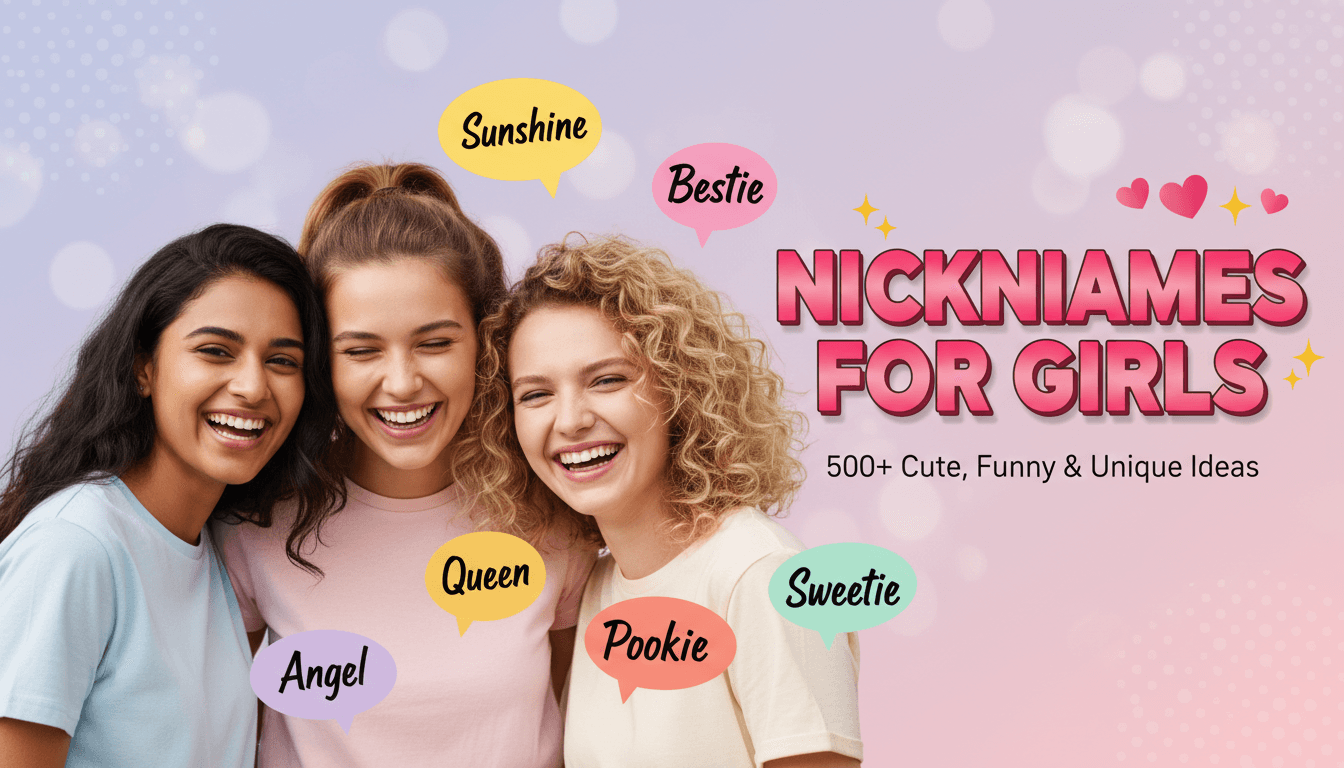 Nicknames for Girls cover image showing three diverse young women laughing together in friendship with colorful speech bubbles displaying nickname examples (Sunshine, Bestie, Angel, Queen) on soft pink and lavender gradient background with hearts and sparkles
