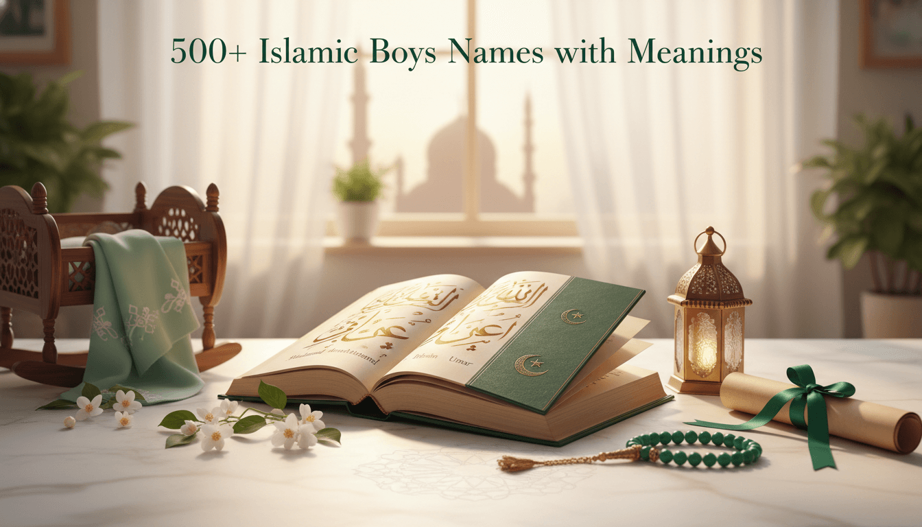 Elegant Islamic calligraphy book showing Muslim boy names in gold Arabic script, surrounded by wooden baby cradle, white jasmine flowers, jade prayer beads, and brass lantern on white marble surface with warm natural lighting