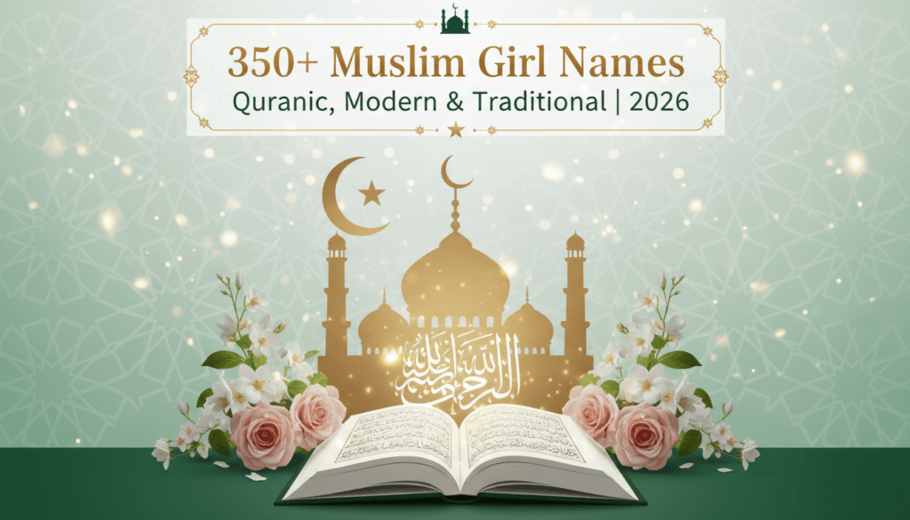 350+ Muslim girl names with Islamic meanings cover image featuring elegant mosque silhouette, Quran book, crescent moon, jasmine flowers, and geometric patterns in green and gold - complete 2026 naming guide for Pakistani families