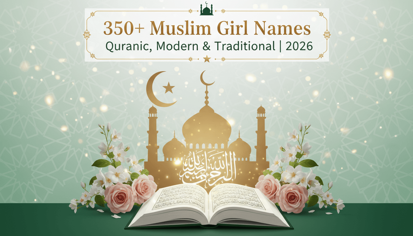 350+ Muslim girl names with Islamic meanings cover image featuring elegant mosque silhouette, Quran book, crescent moon, jasmine flowers, and geometric patterns in green and gold - complete 2026 naming guide for Pakistani families
