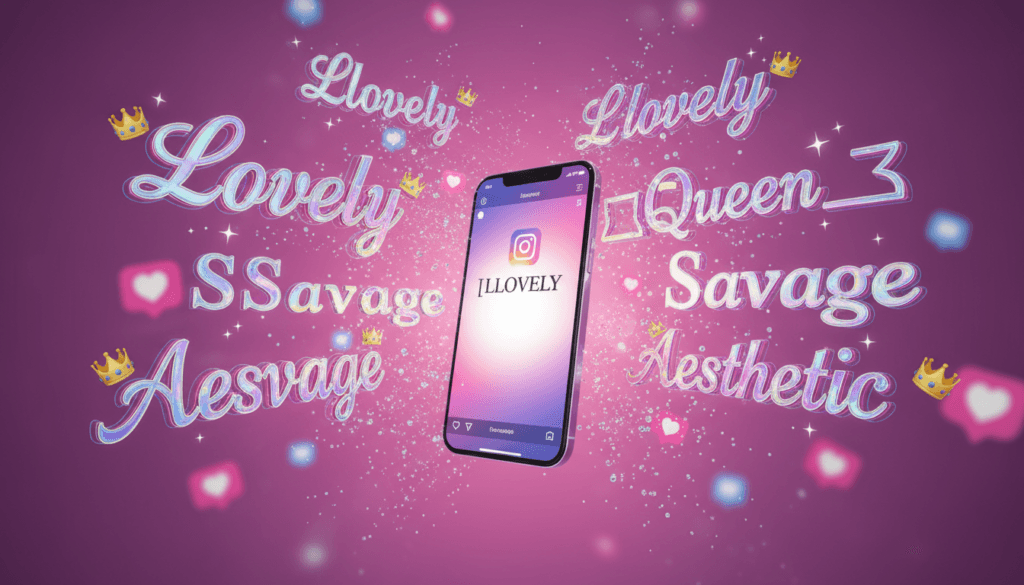 Stylish Unicode names in decorative fonts floating around glowing smartphone with Instagram profile and sparkle effects