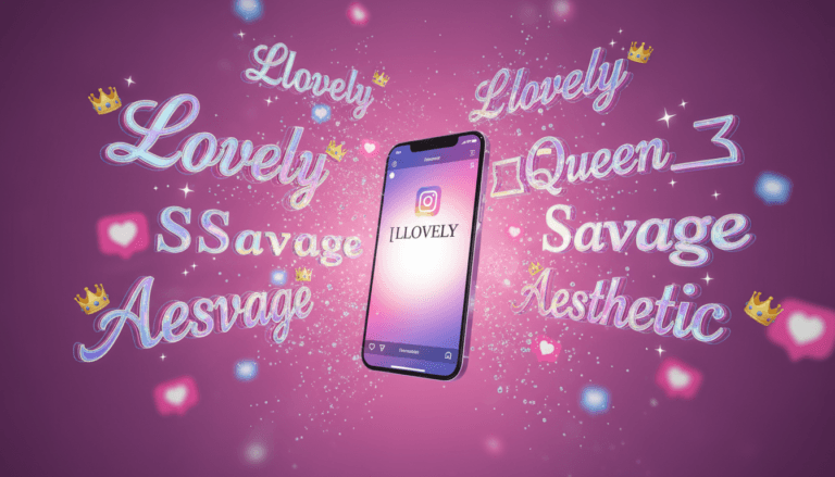 Stylish Unicode names in decorative fonts floating around glowing smartphone with Instagram profile and sparkle effects