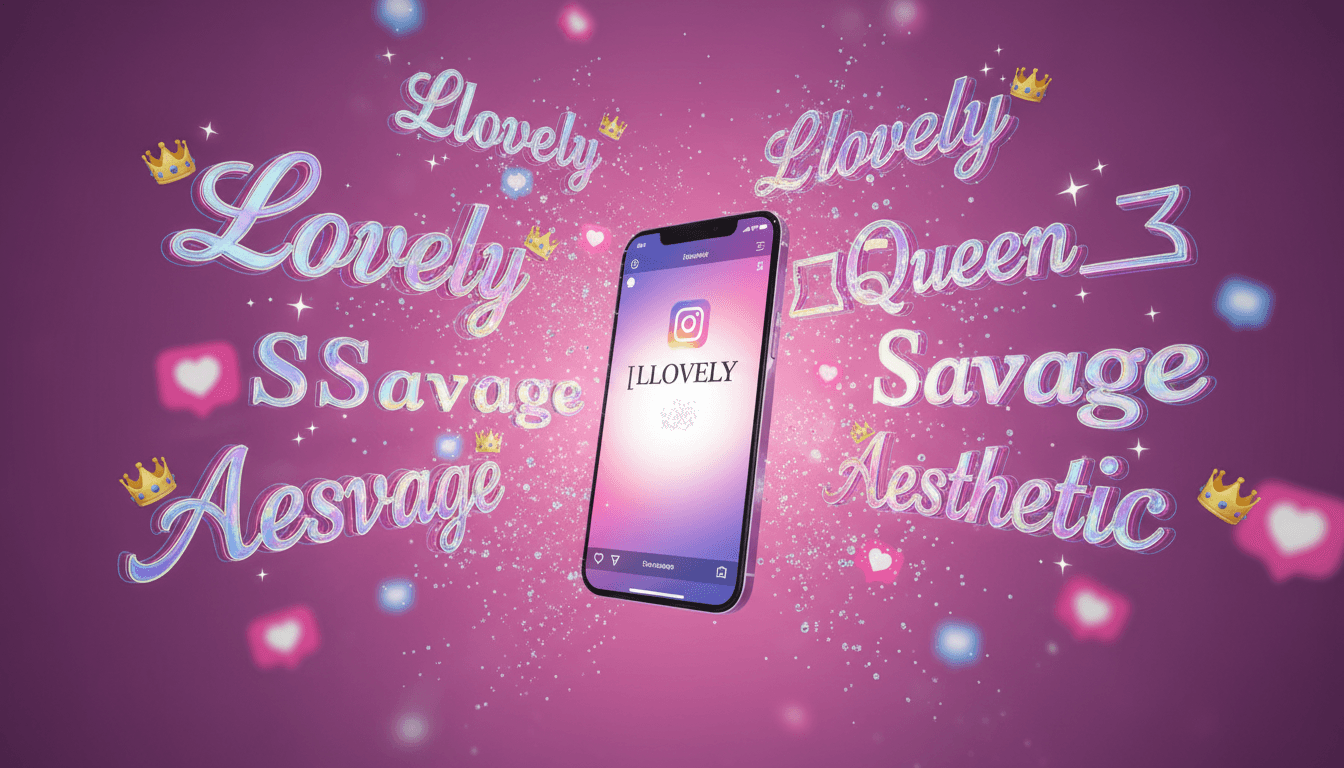 Stylish Unicode names in decorative fonts floating around glowing smartphone with Instagram profile and sparkle effects