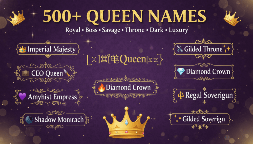500+ Queen Names for Instagram TikTok and Gaming - royal purple cover with golden crowns and styled name examples