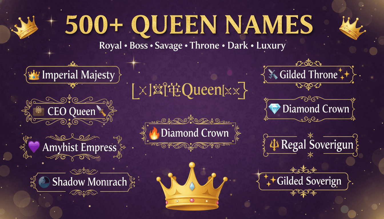 500+ Queen Names for Instagram TikTok and Gaming - royal purple cover with golden crowns and styled name examples