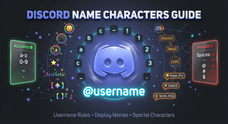 Discord name characters guide showing allowed and banned characters with examples
