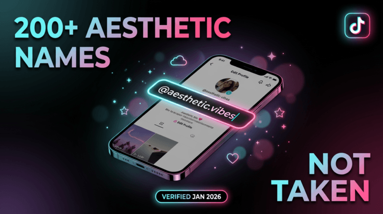 200+ aesthetic names banner with phone showing not taken TikTok username