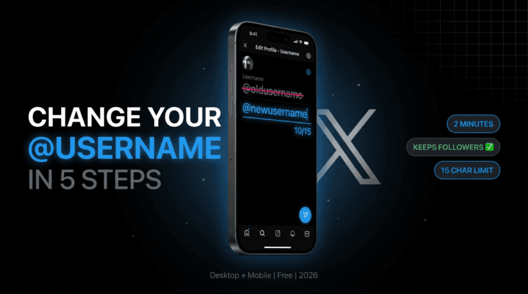 Change your X username in 5 steps banner with phone showing new username