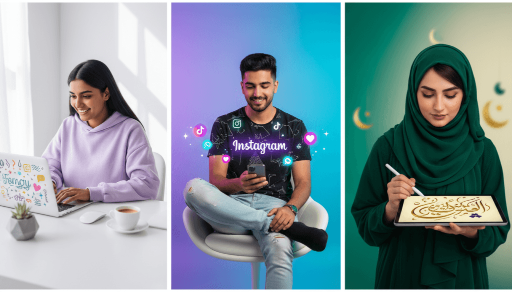 Three young people styling names and fonts - left: woman at laptop creating fancy text designs, center: man on phone customizing Instagram bio with stylish fonts, right: woman with tablet designing Urdu calligraphy in Nastaliq script